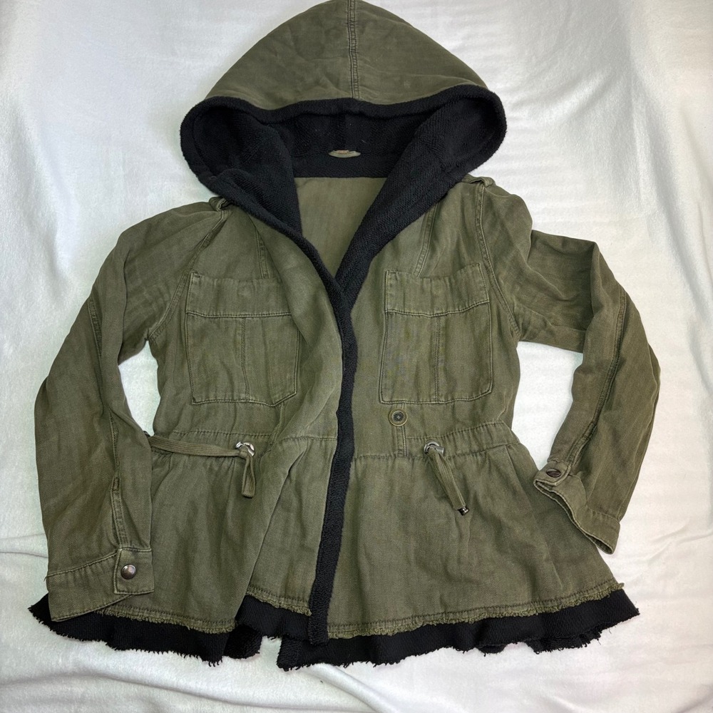 Free People Olive Green Herringbone Utility Jacket Fleece Hooded Peplum Hem